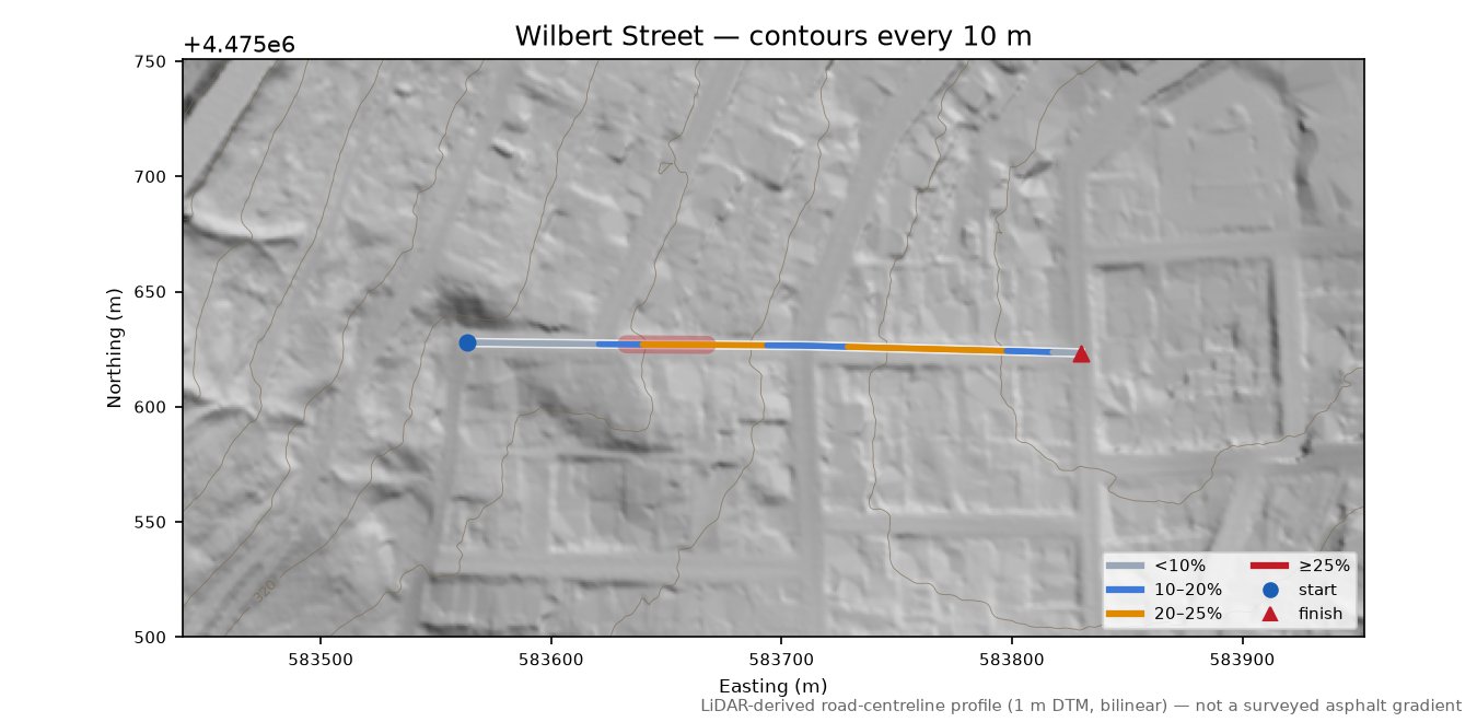 Wilbert Street LiDAR hillshade map with contours