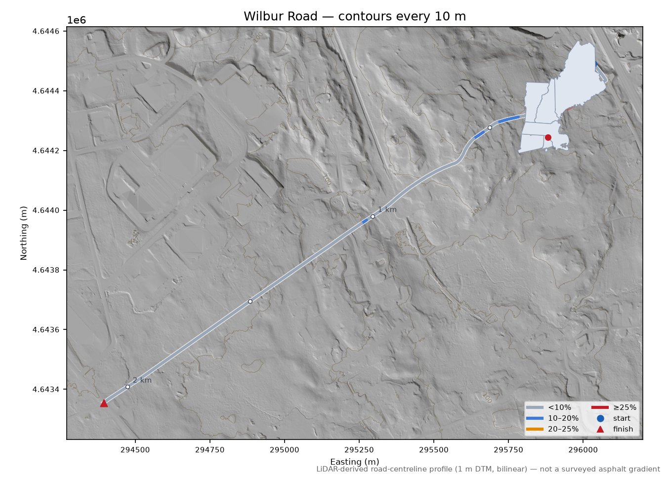 Wilbur Road LiDAR hillshade map with contours