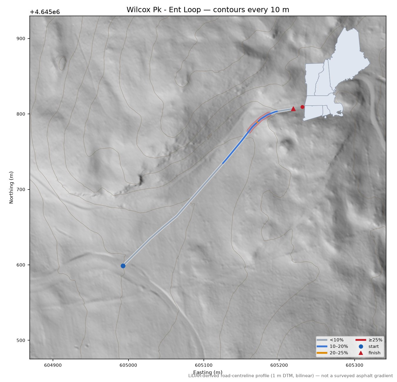 Wilcox Pk - Ent Loop LiDAR hillshade map with contours