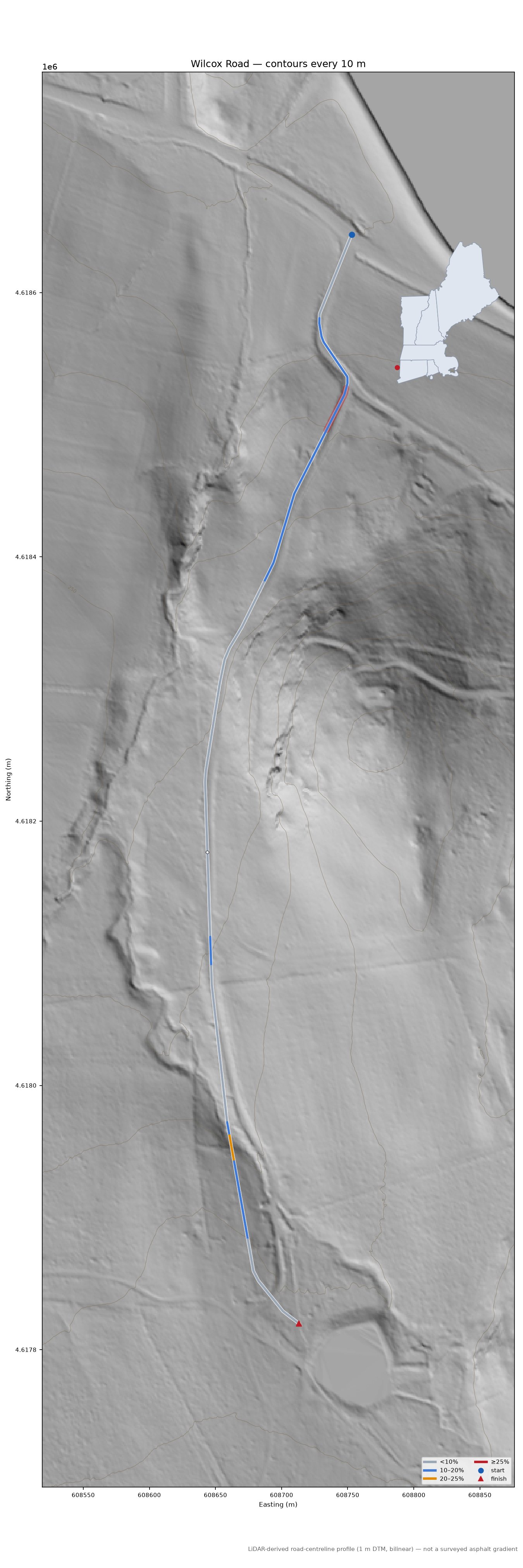 Wilcox Road LiDAR hillshade map with contours