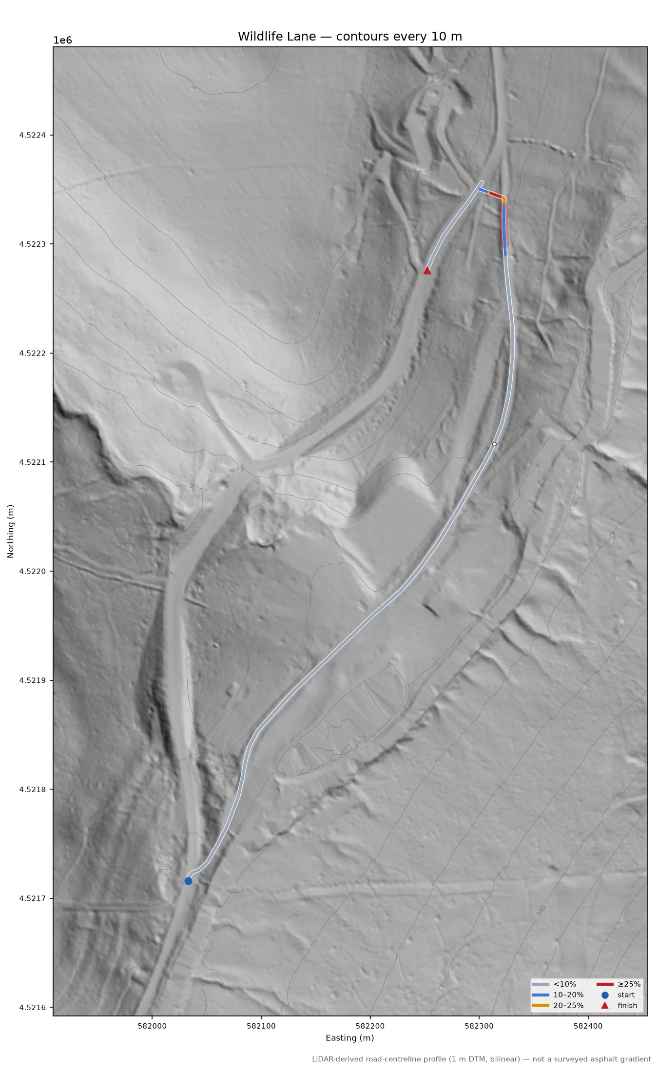 Wildlife Lane LiDAR hillshade map with contours