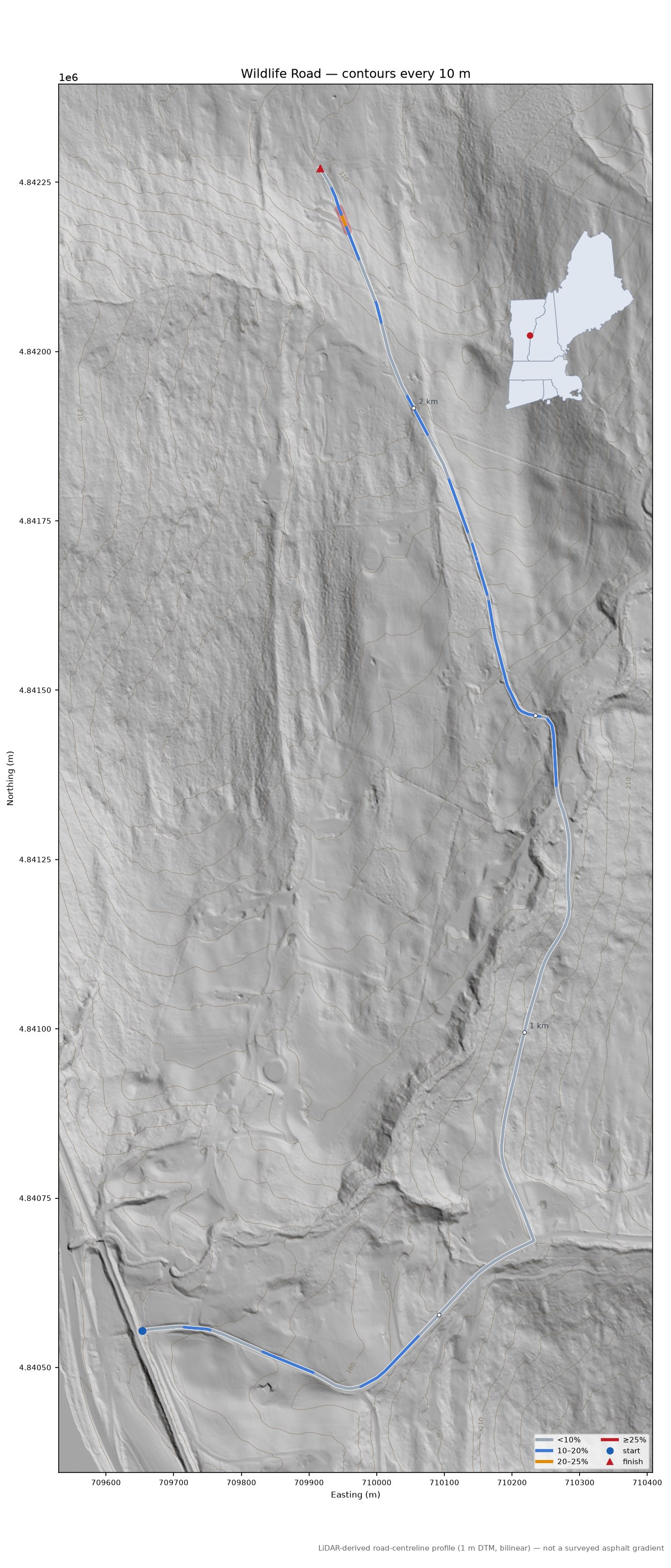 Wildlife Road LiDAR hillshade map with contours