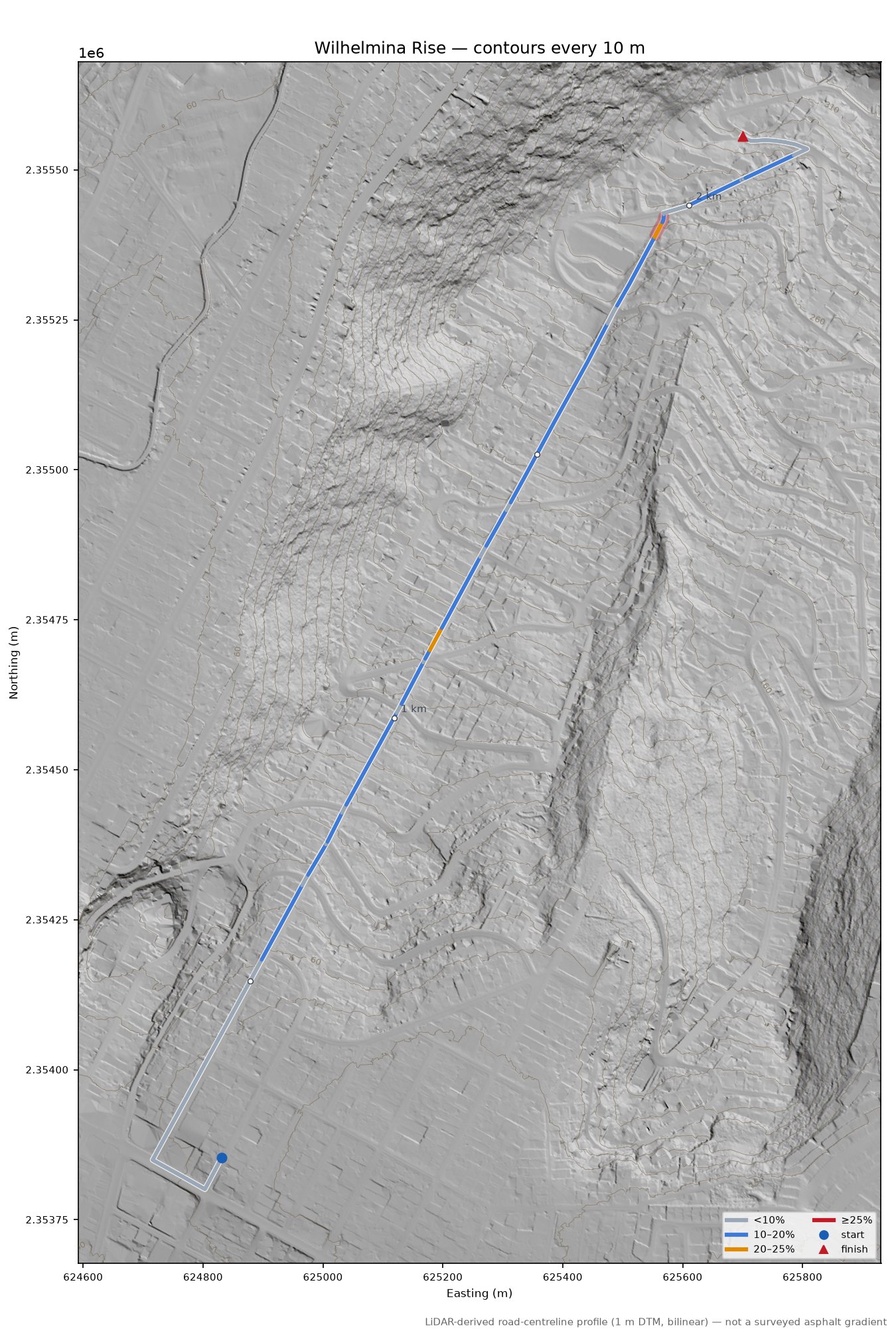 Wilhelmina Rise LiDAR hillshade map with contours