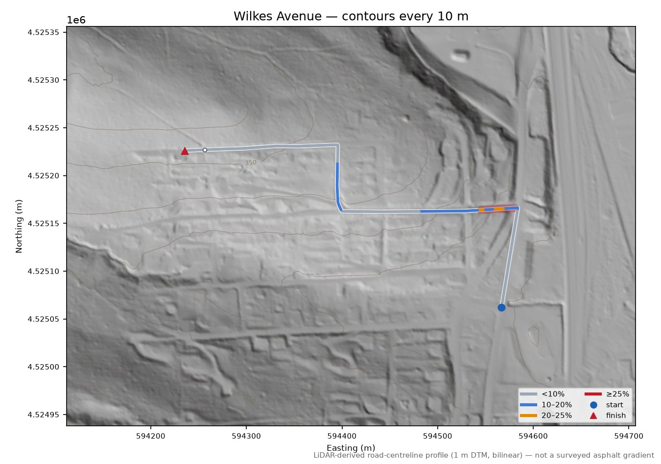 Wilkes Avenue LiDAR hillshade map with contours