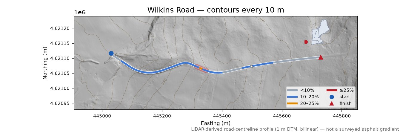 Wilkins Road LiDAR hillshade map with contours