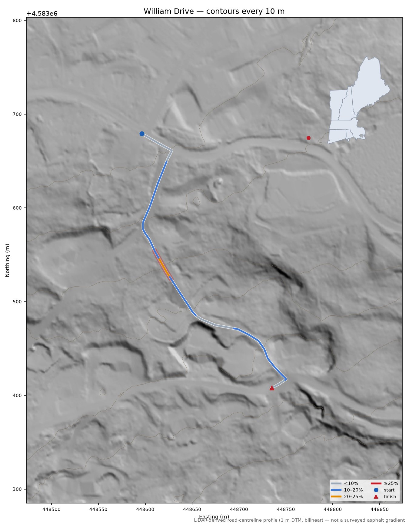 William Drive LiDAR hillshade map with contours