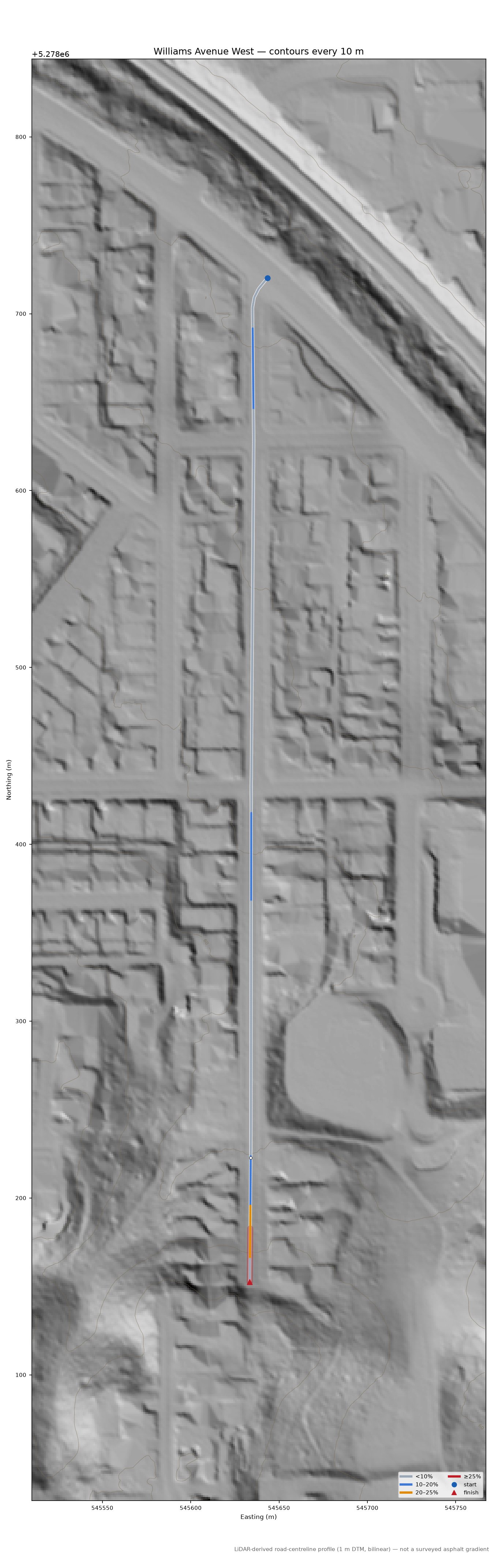 Williams Avenue West LiDAR hillshade map with contours