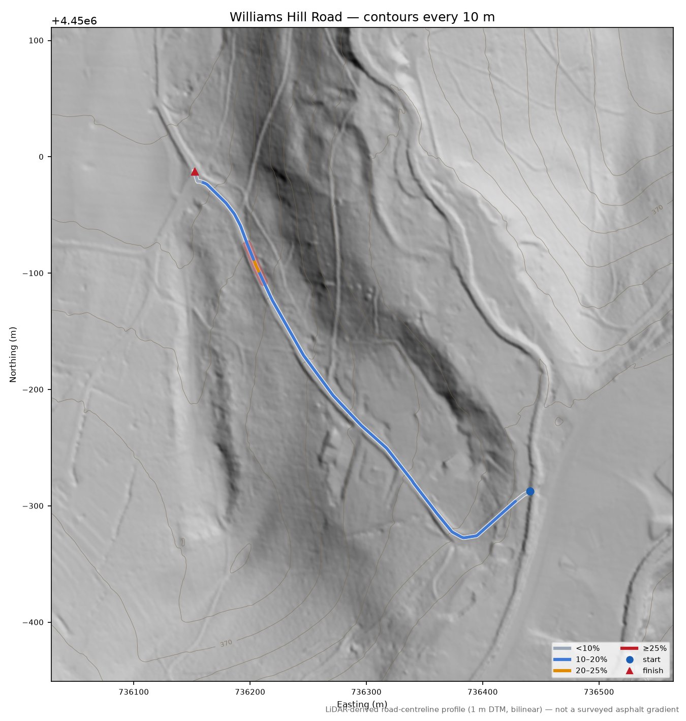 Williams Hill Road LiDAR hillshade map with contours