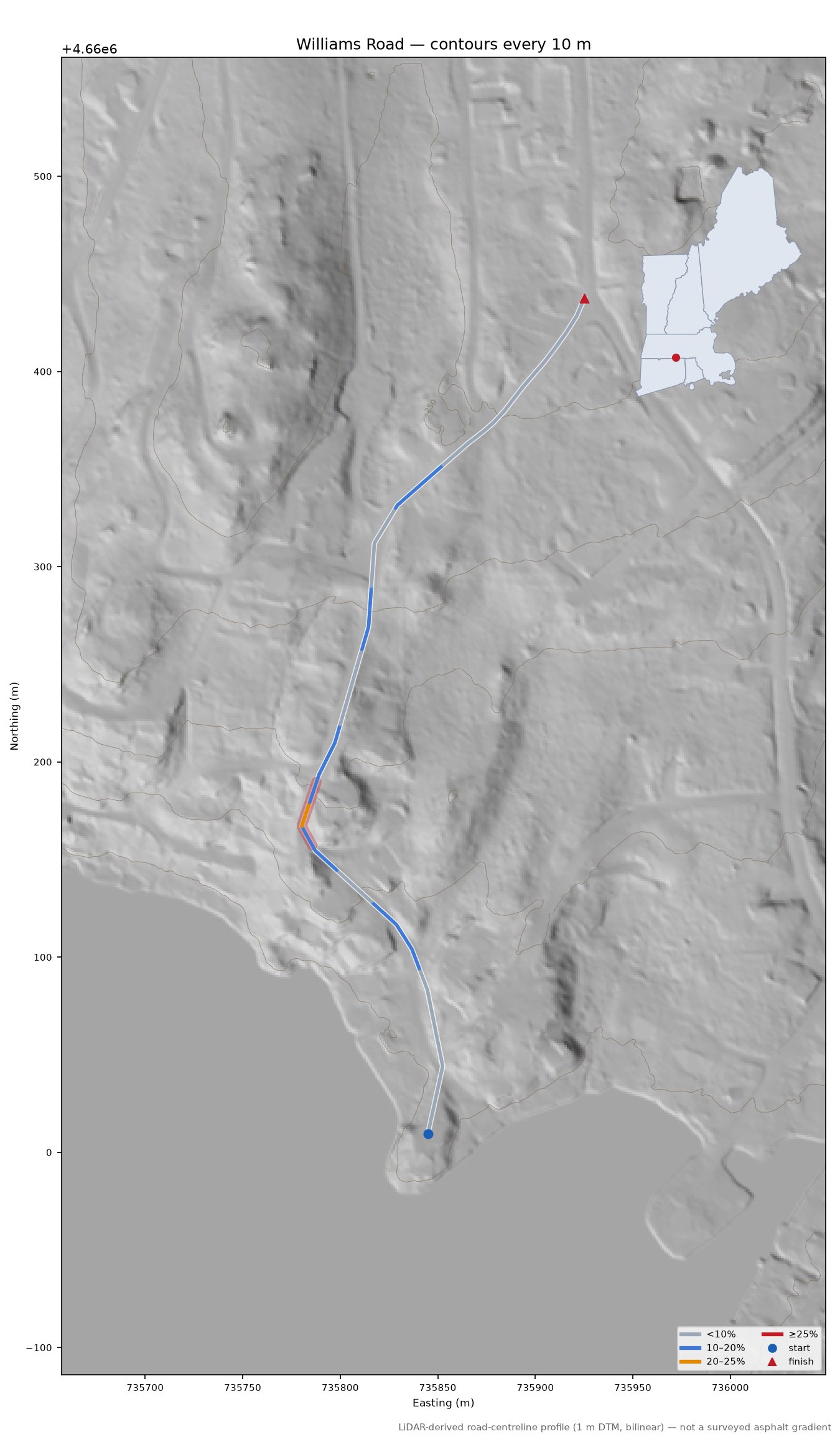 Williams Road LiDAR hillshade map with contours