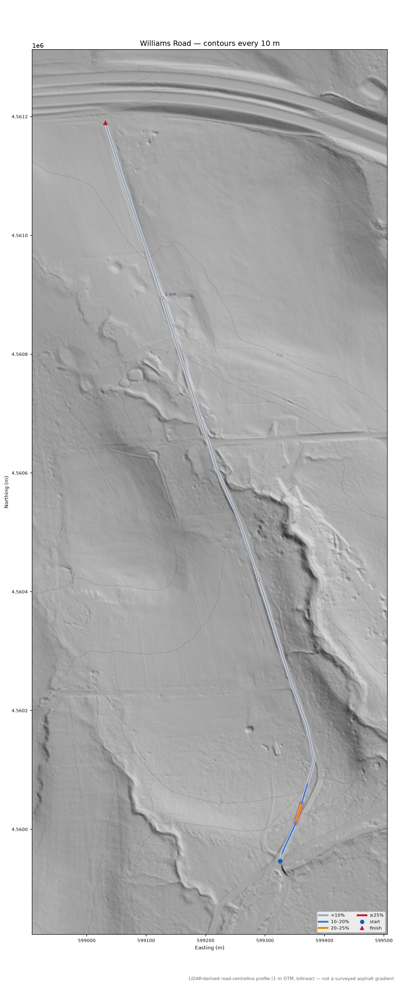 Williams Road LiDAR hillshade map with contours