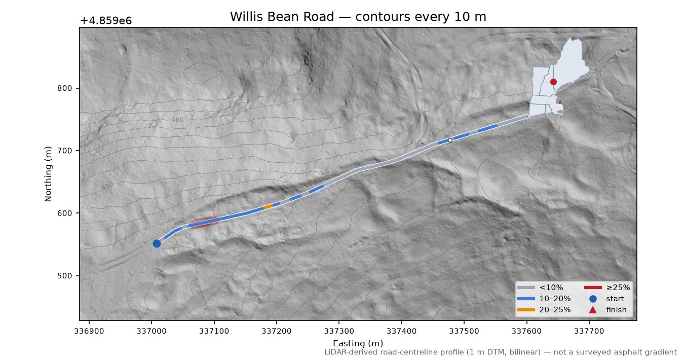 Willis Bean Road LiDAR hillshade map with contours