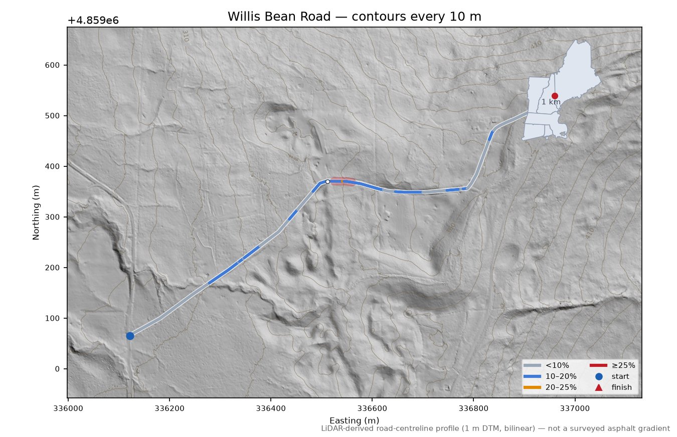 Willis Bean Road LiDAR hillshade map with contours