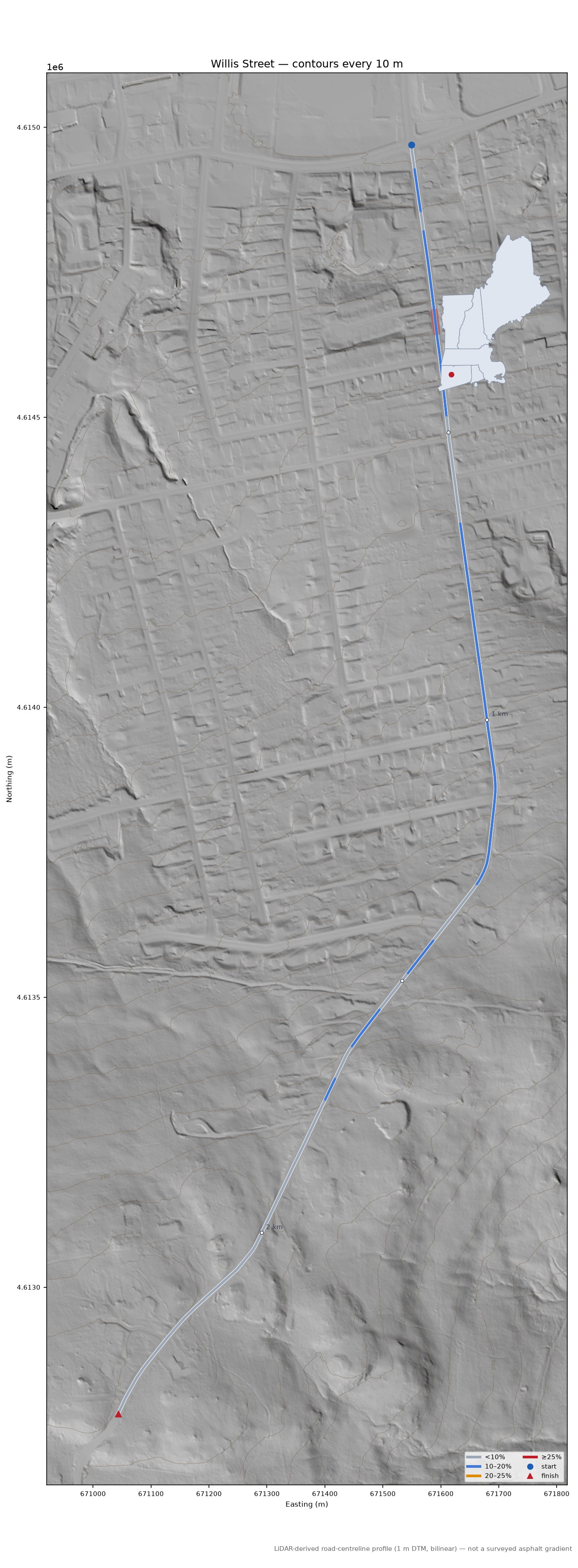 Willis Street LiDAR hillshade map with contours
