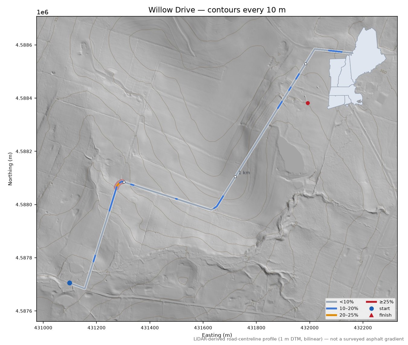 Willow Drive LiDAR hillshade map with contours