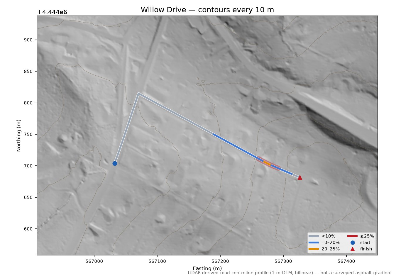 Willow Drive LiDAR hillshade map with contours