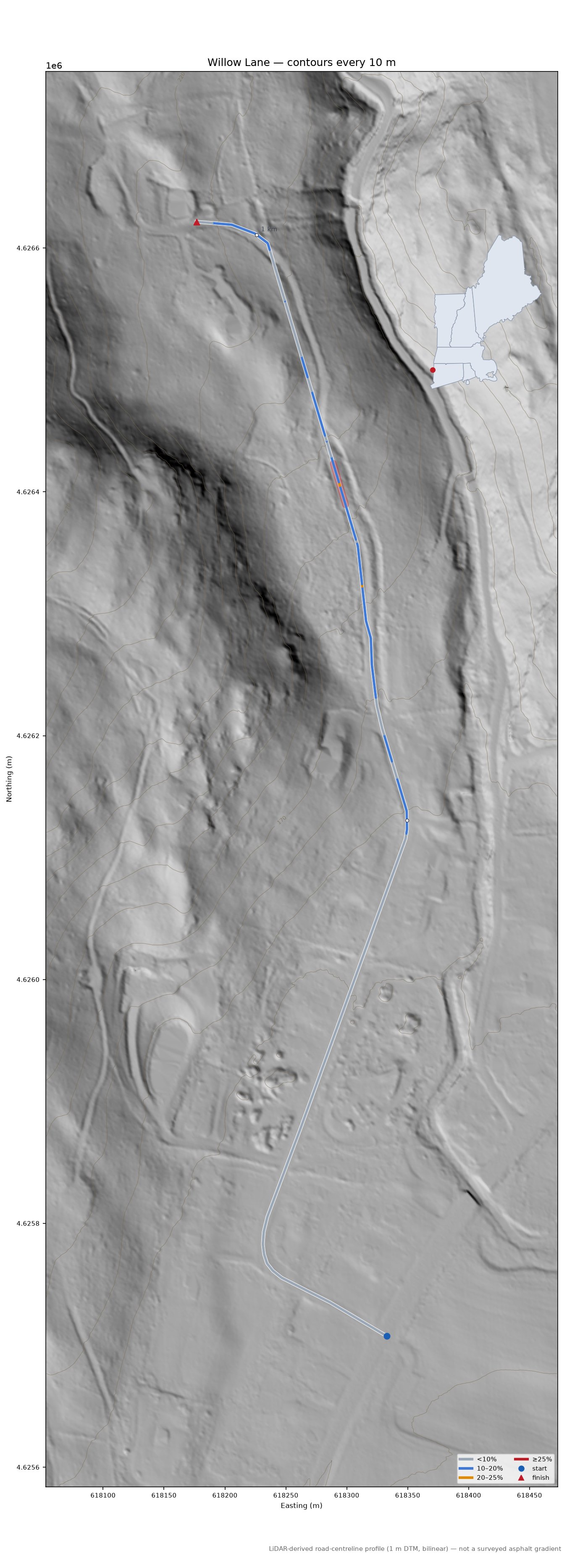 Willow Lane LiDAR hillshade map with contours