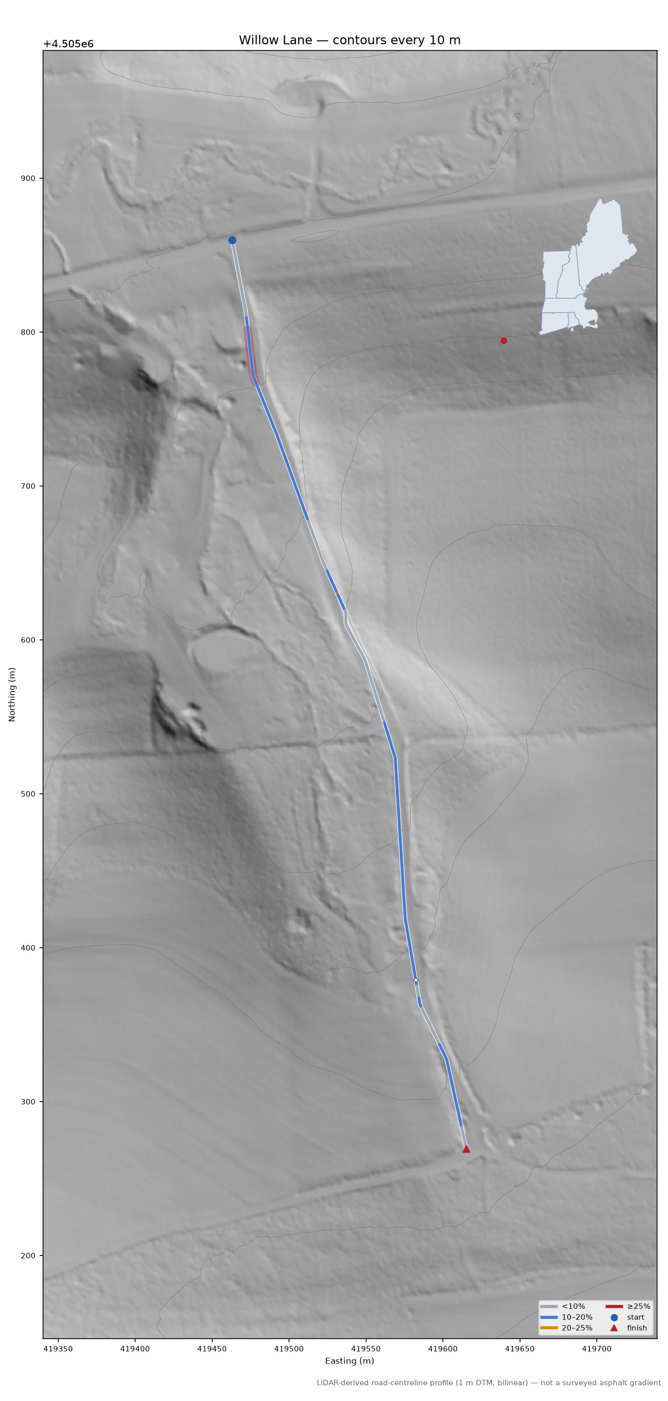 Willow Lane LiDAR hillshade map with contours