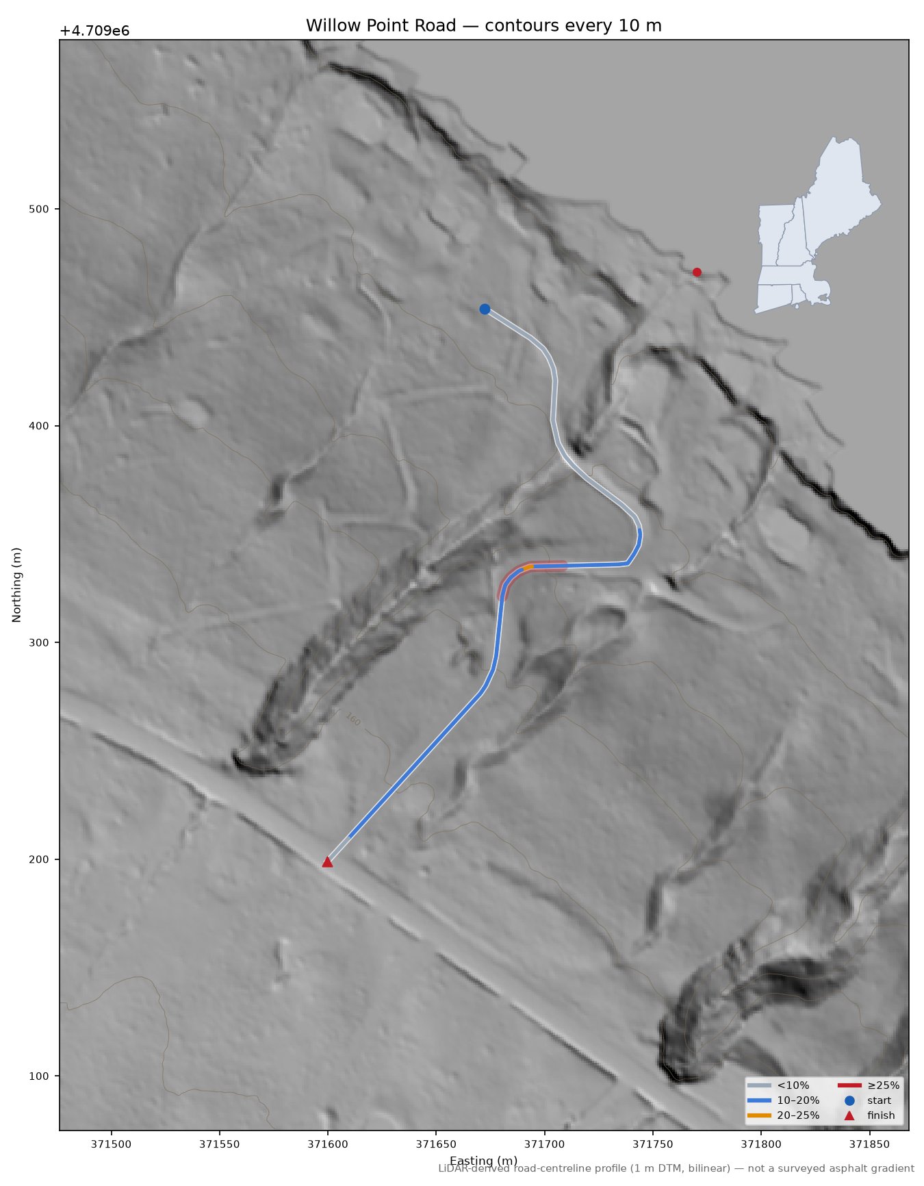 Willow Point Road LiDAR hillshade map with contours