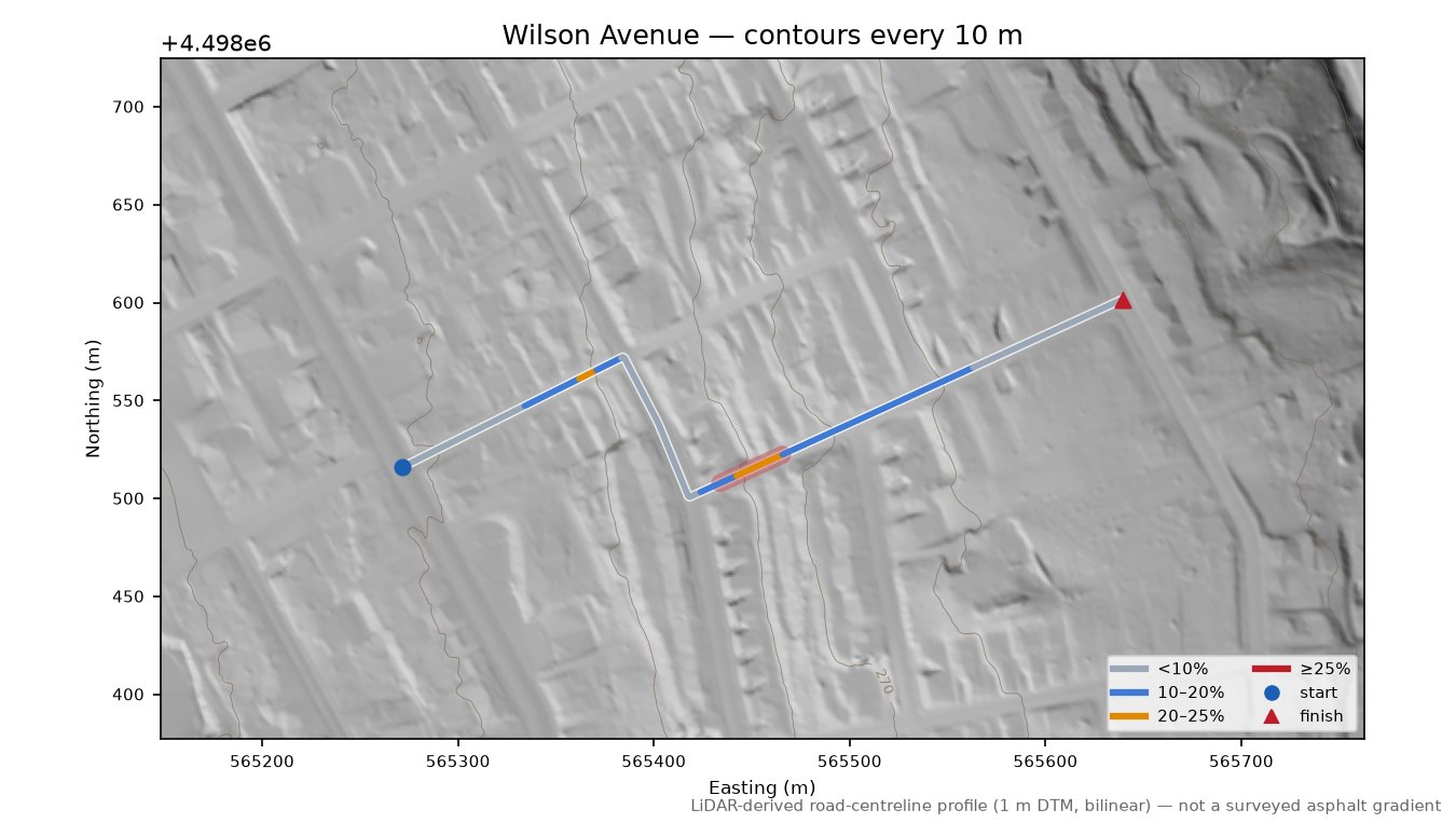 Wilson Avenue LiDAR hillshade map with contours