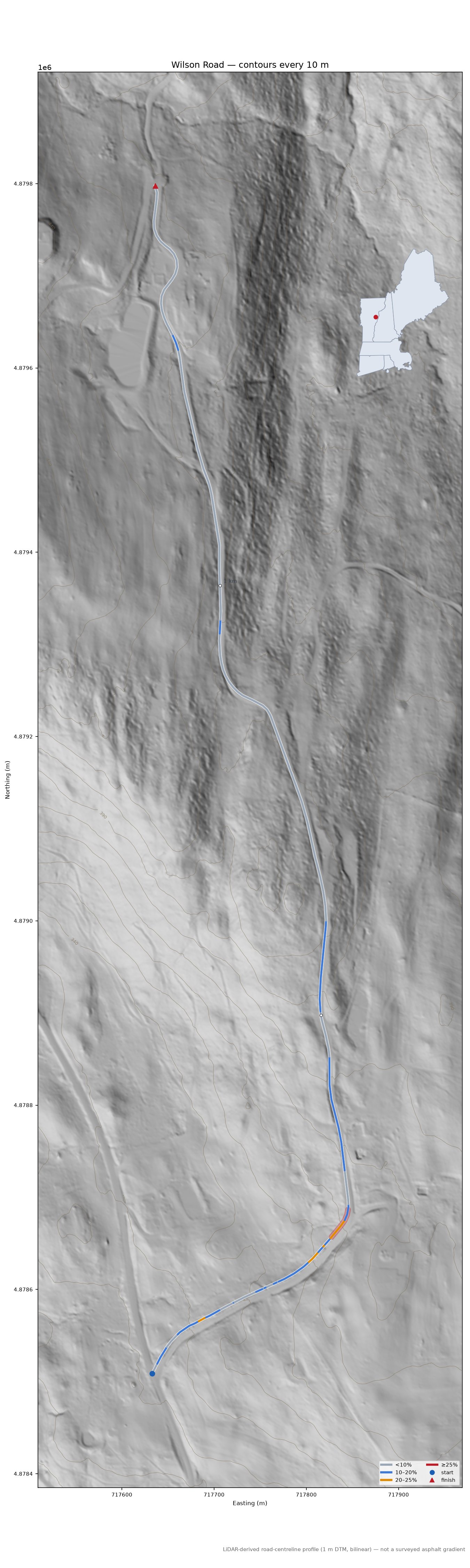 Wilson Road LiDAR hillshade map with contours