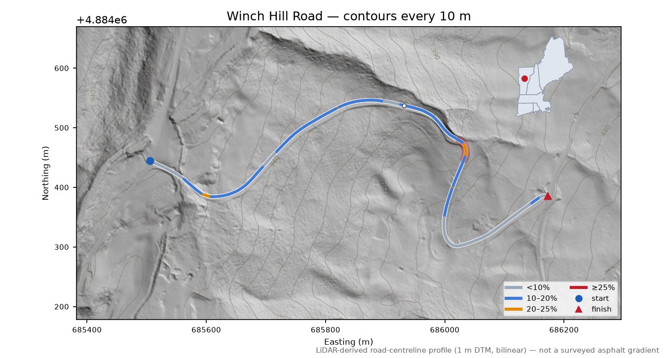 Winch Hill Road LiDAR hillshade map with contours