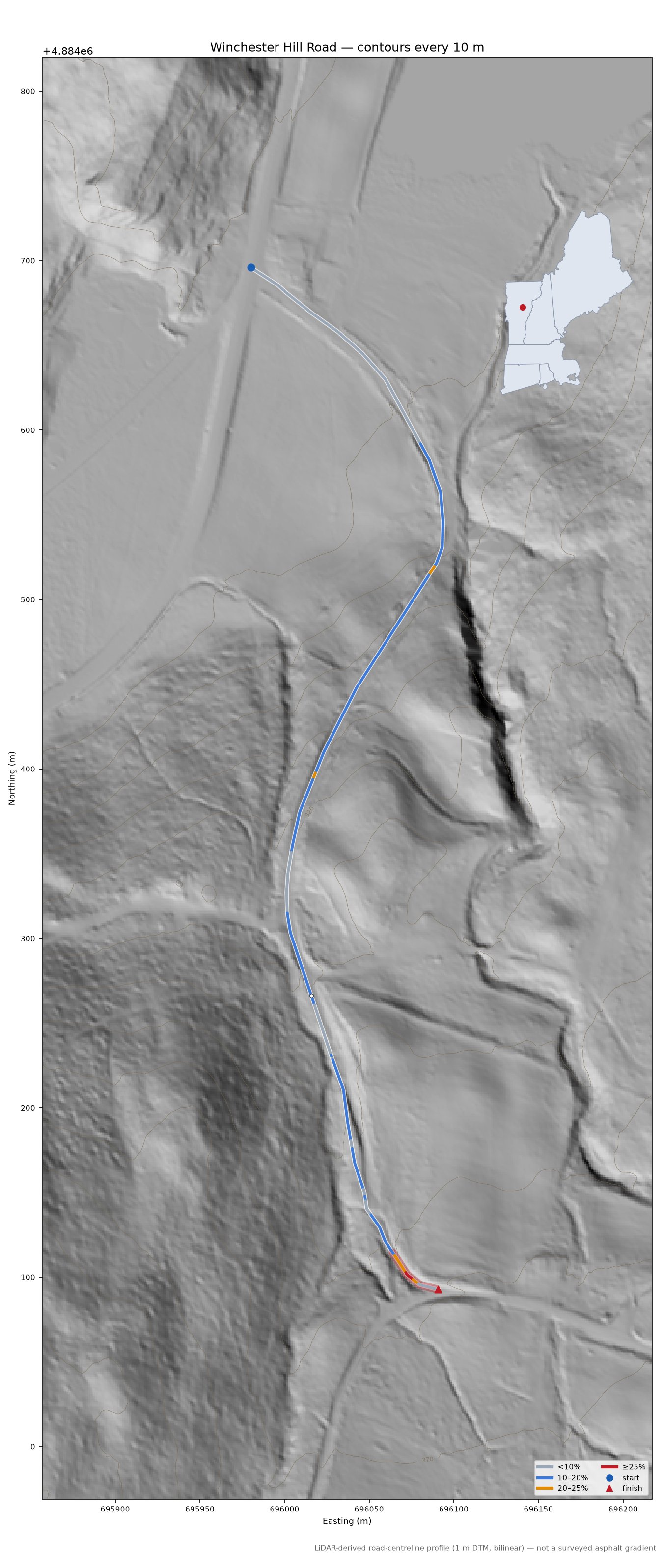 Winchester Hill Road LiDAR hillshade map with contours