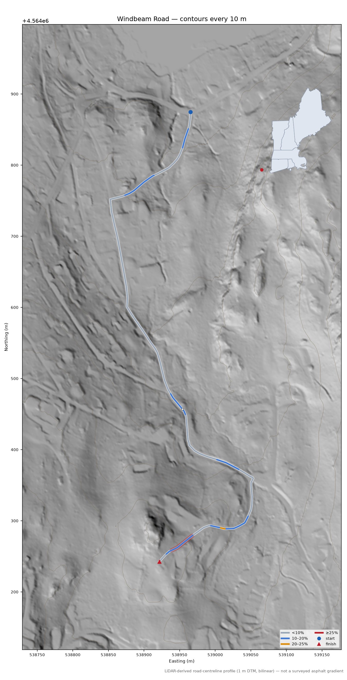 Windbeam Road LiDAR hillshade map with contours