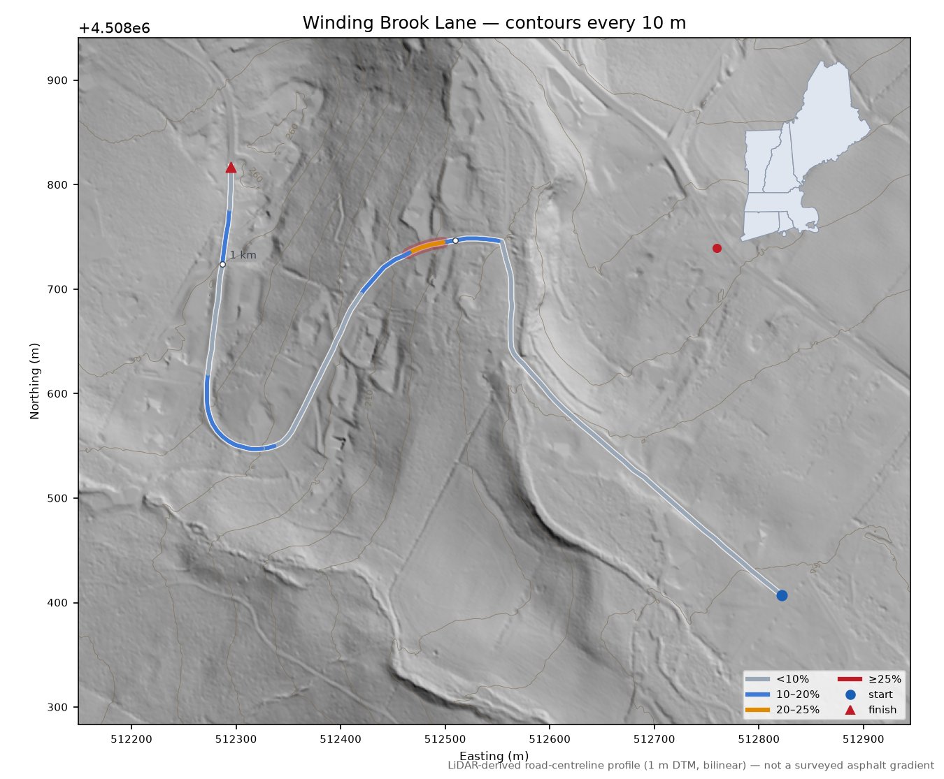 Winding Brook Lane LiDAR hillshade map with contours