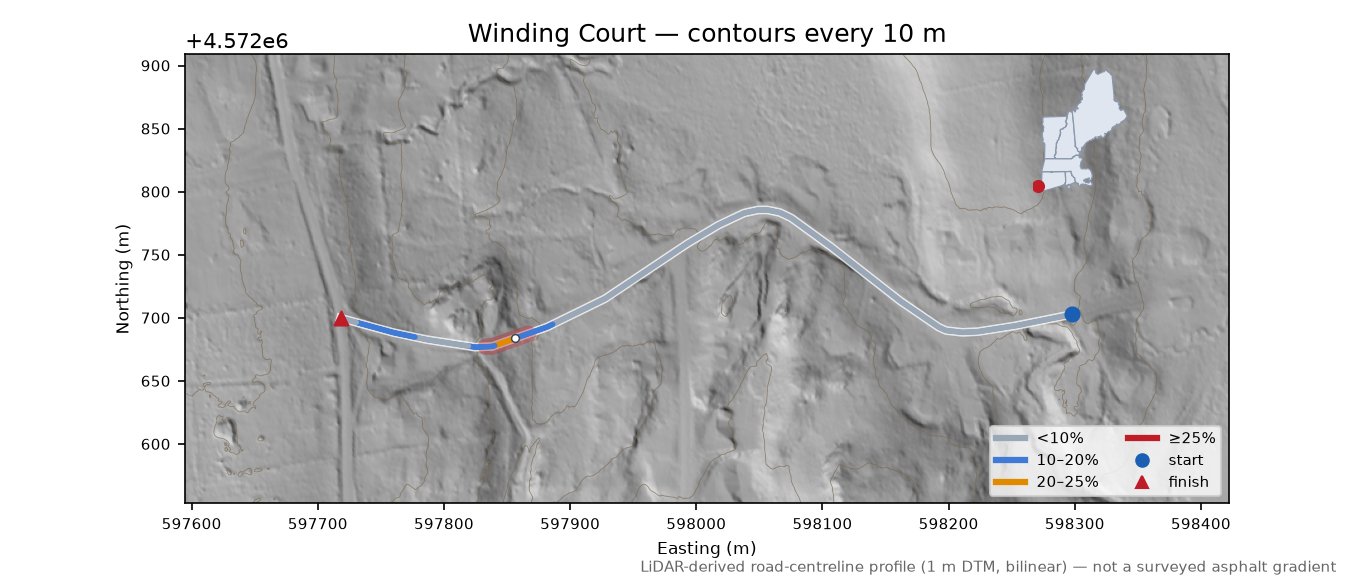 Winding Court LiDAR hillshade map with contours