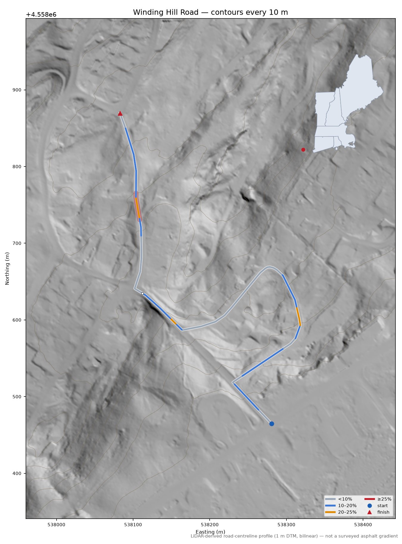 Winding Hill Road LiDAR hillshade map with contours