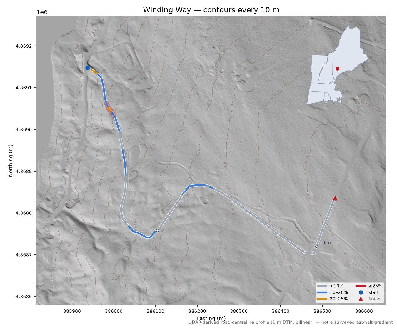 Winding Way LiDAR hillshade map with contours