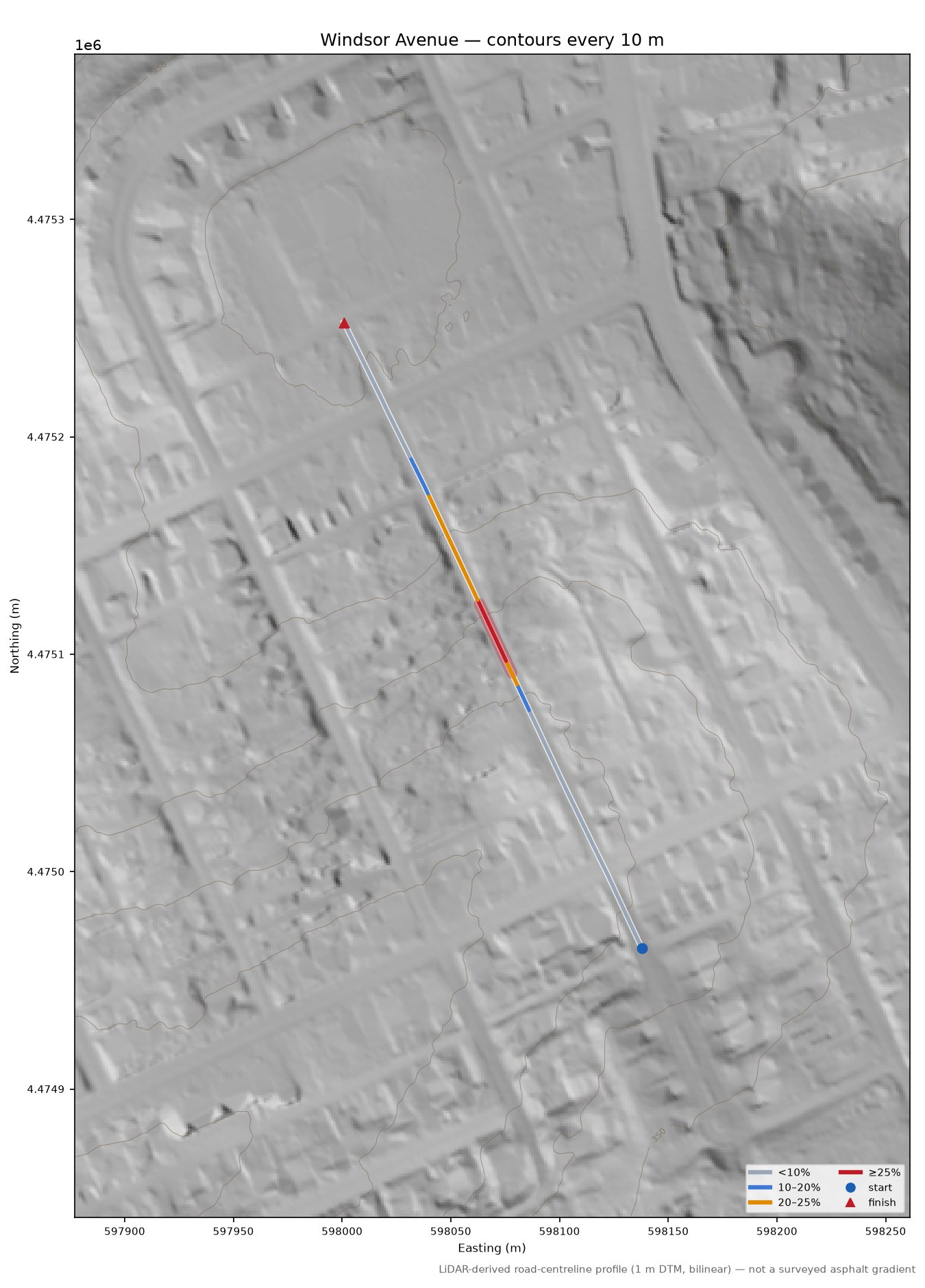 Windsor Avenue LiDAR hillshade map with contours
