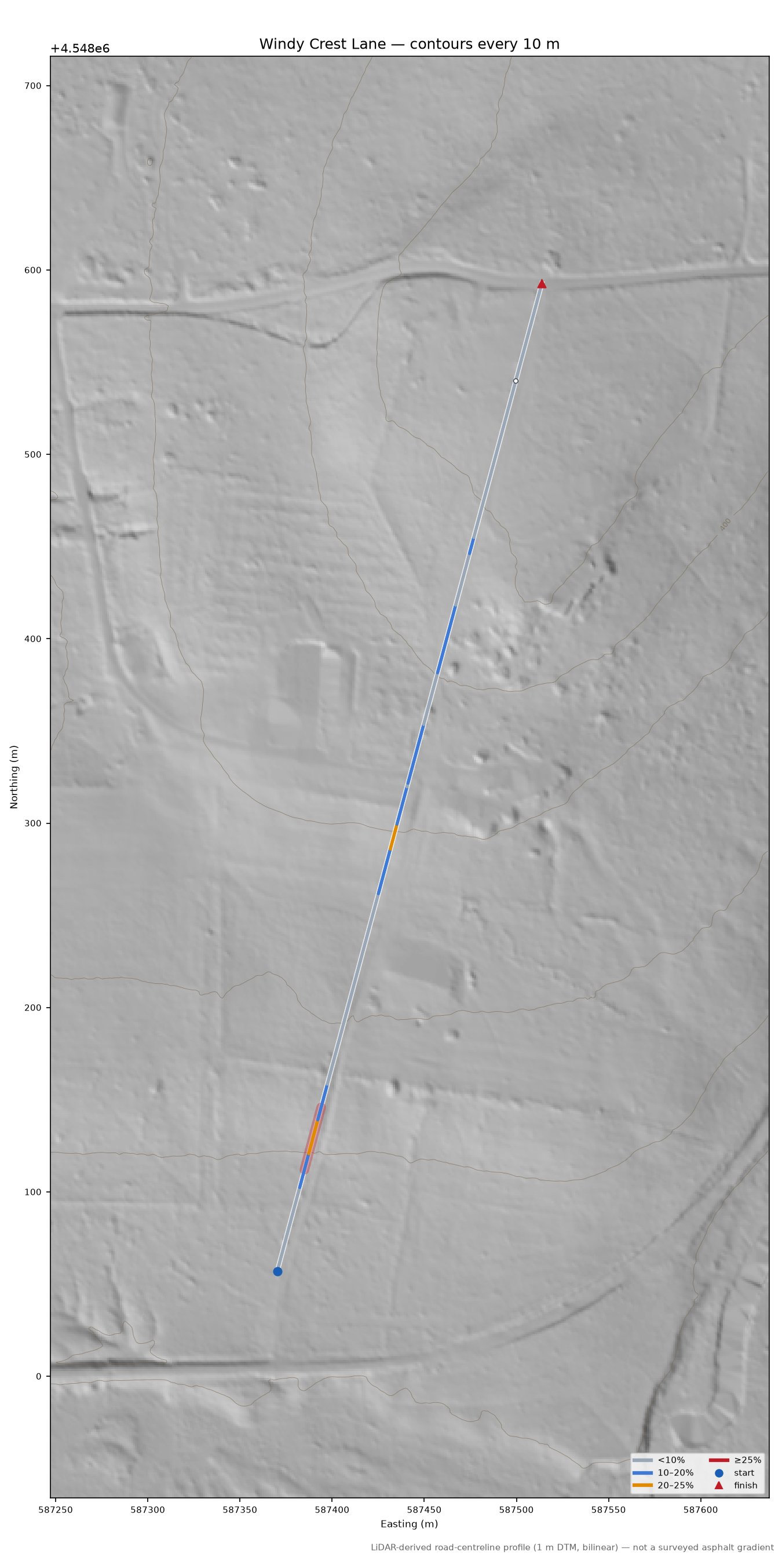 Windy Crest Lane LiDAR hillshade map with contours