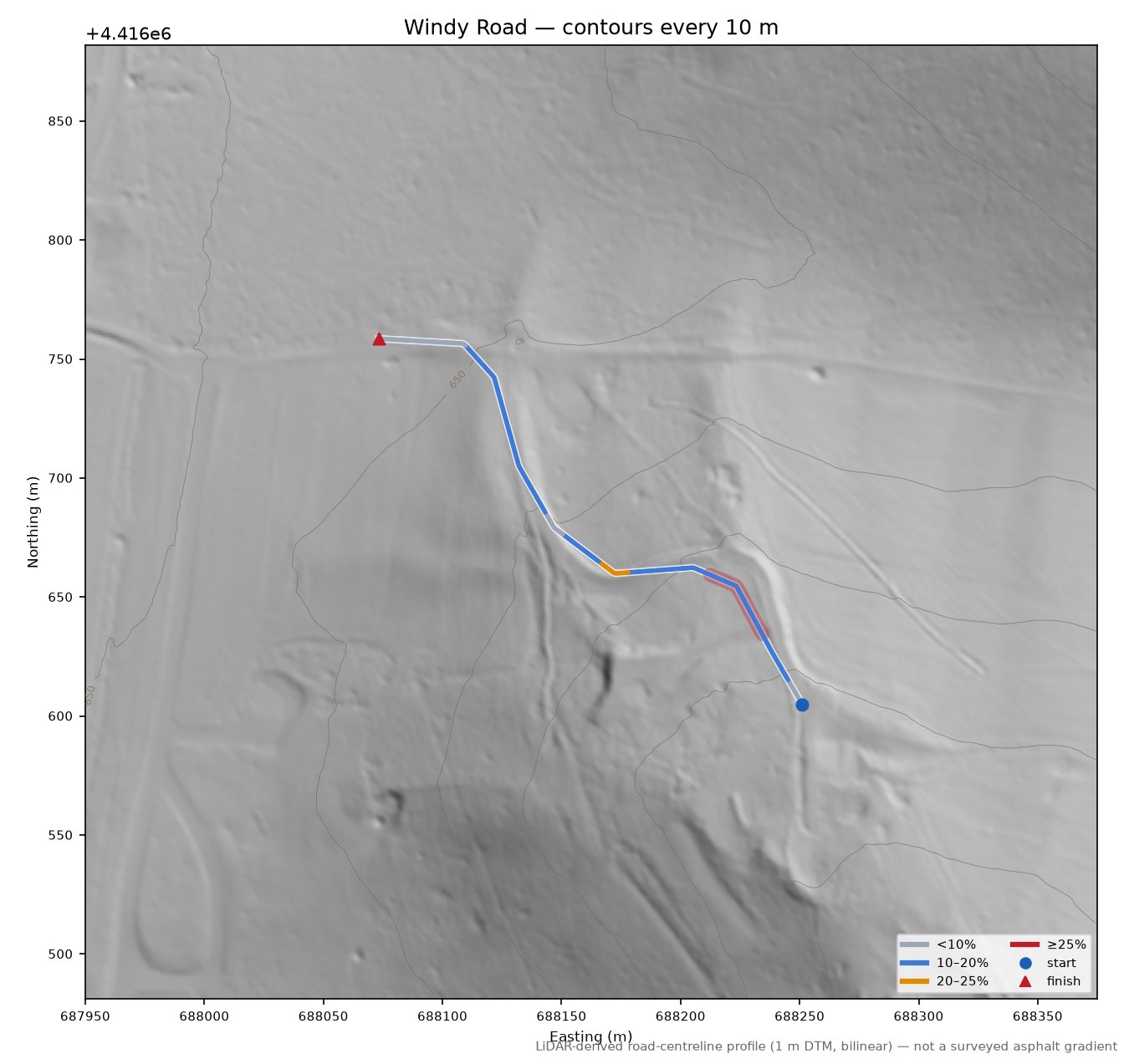 Windy Road LiDAR hillshade map with contours