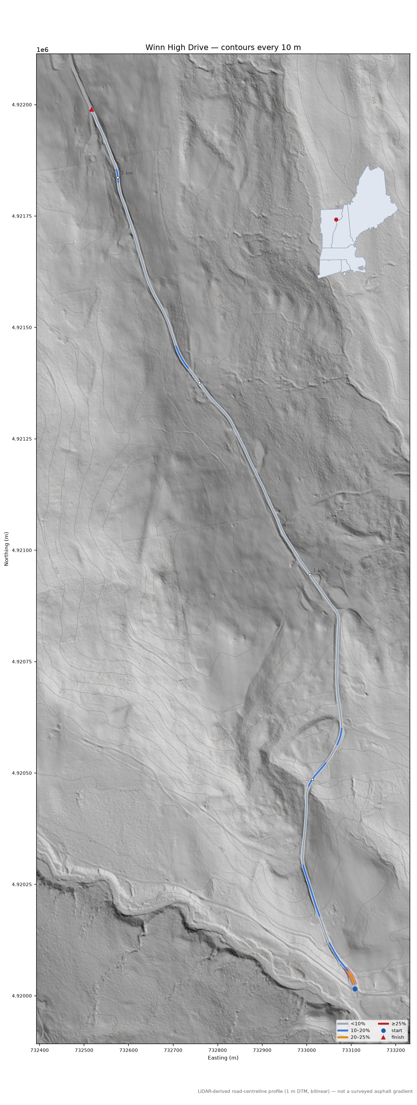 Winn High Drive LiDAR hillshade map with contours