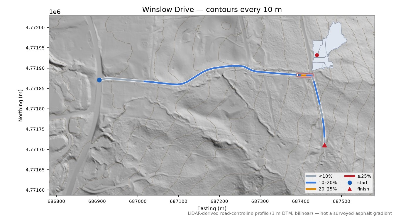 Winslow Drive LiDAR hillshade map with contours