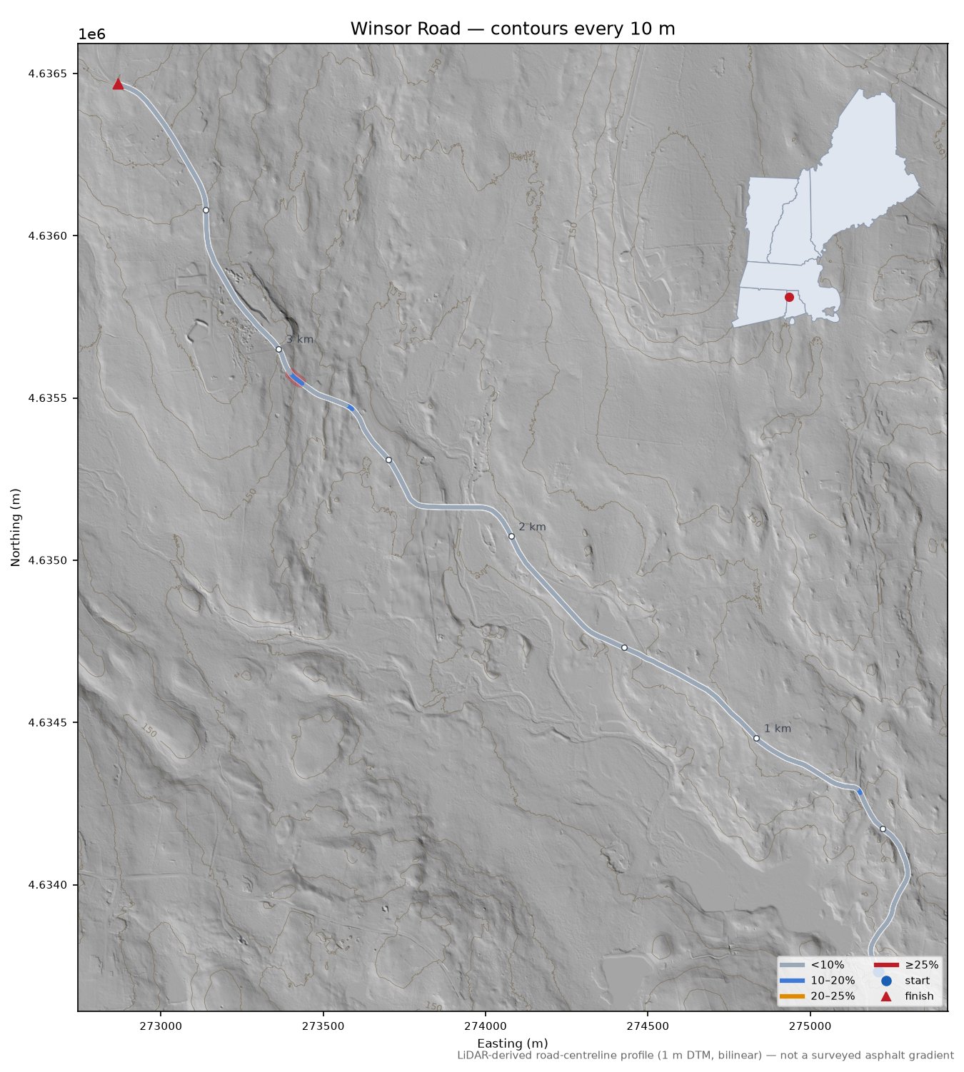 Winsor Road LiDAR hillshade map with contours