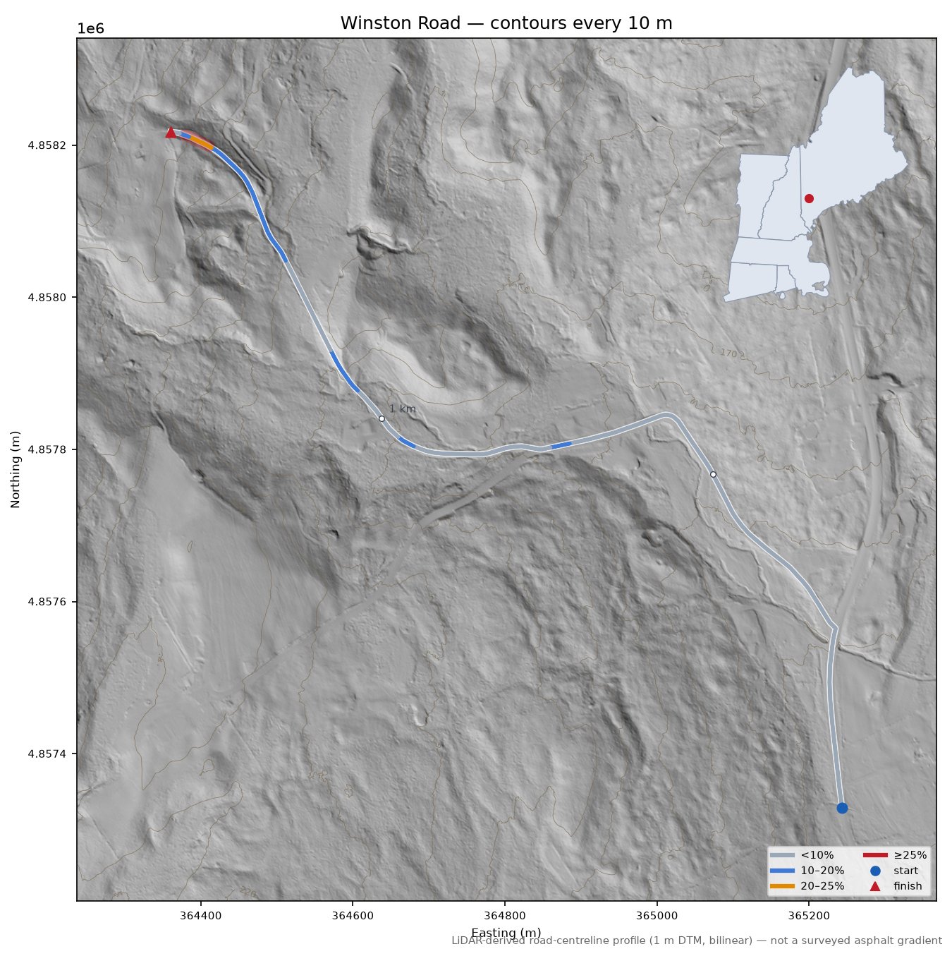 Winston Road LiDAR hillshade map with contours