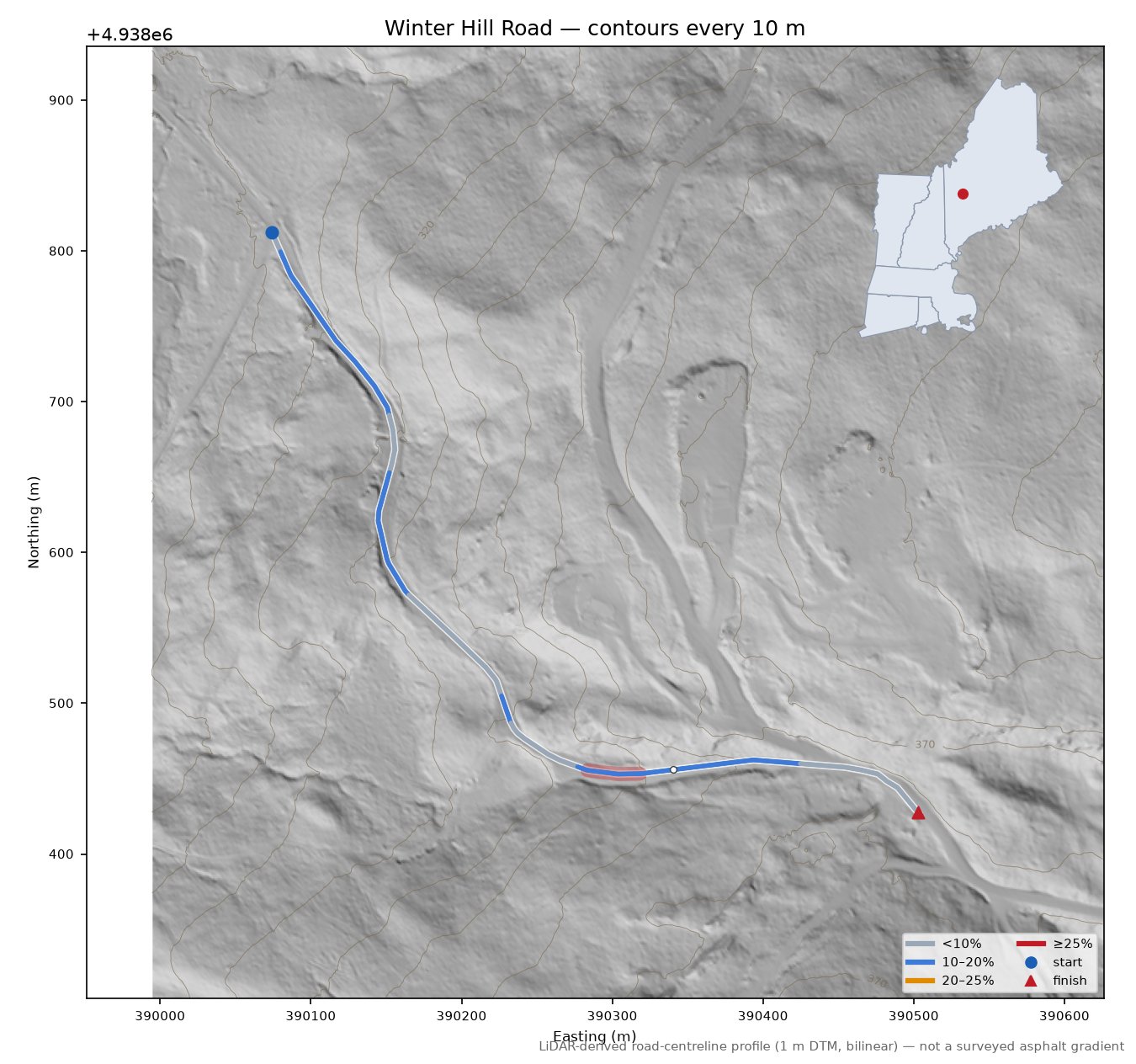 Winter Hill Road LiDAR hillshade map with contours