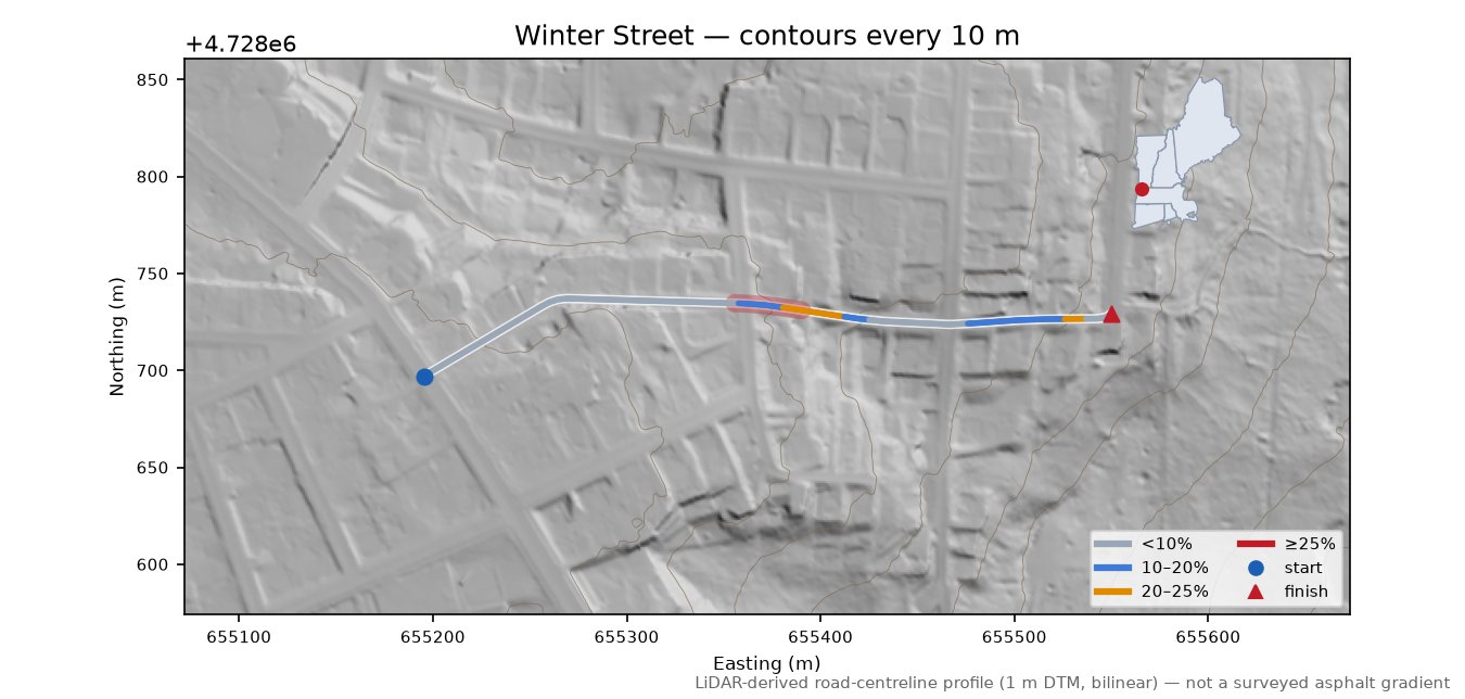 Winter Street LiDAR hillshade map with contours