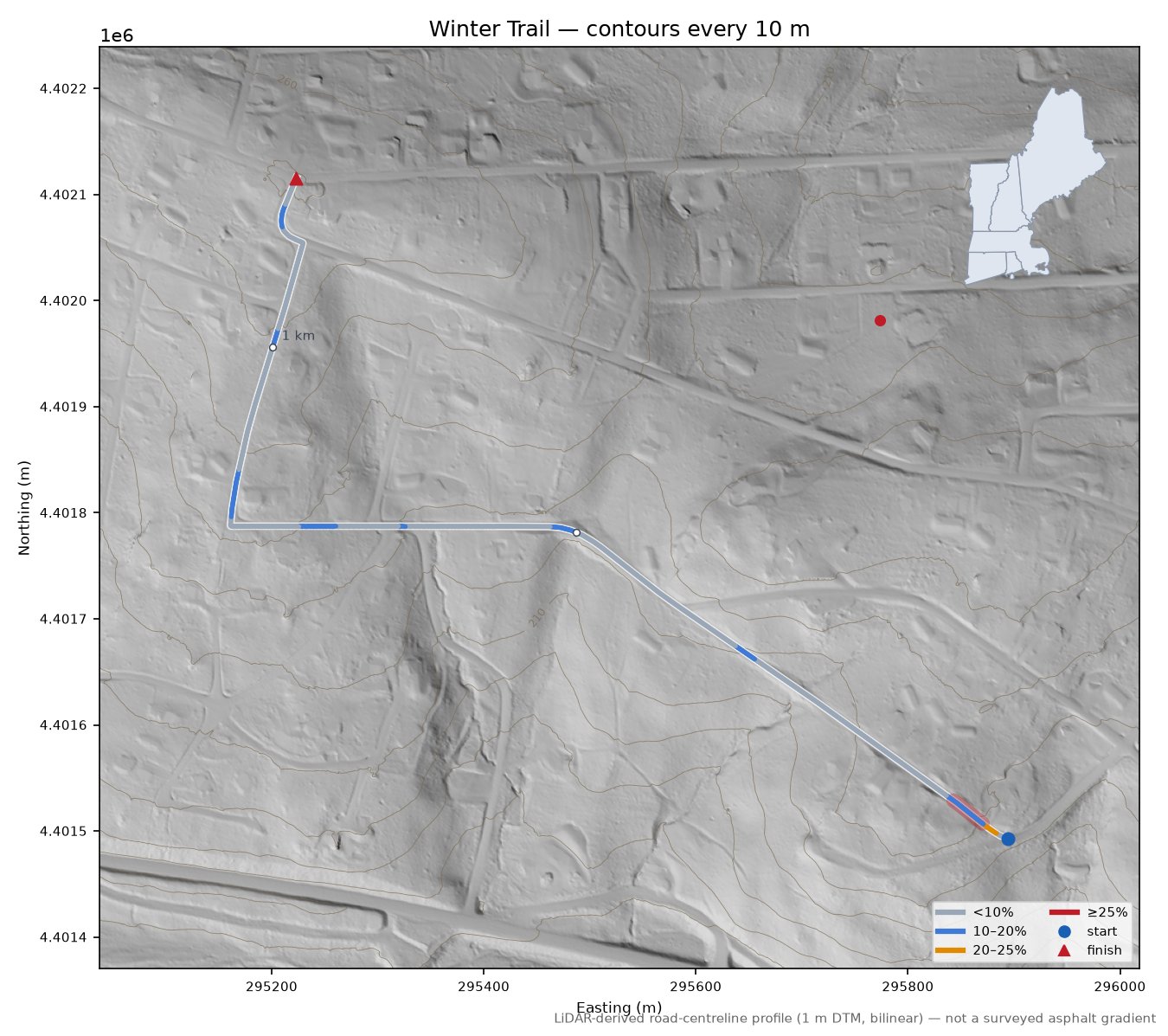 Winter Trail LiDAR hillshade map with contours