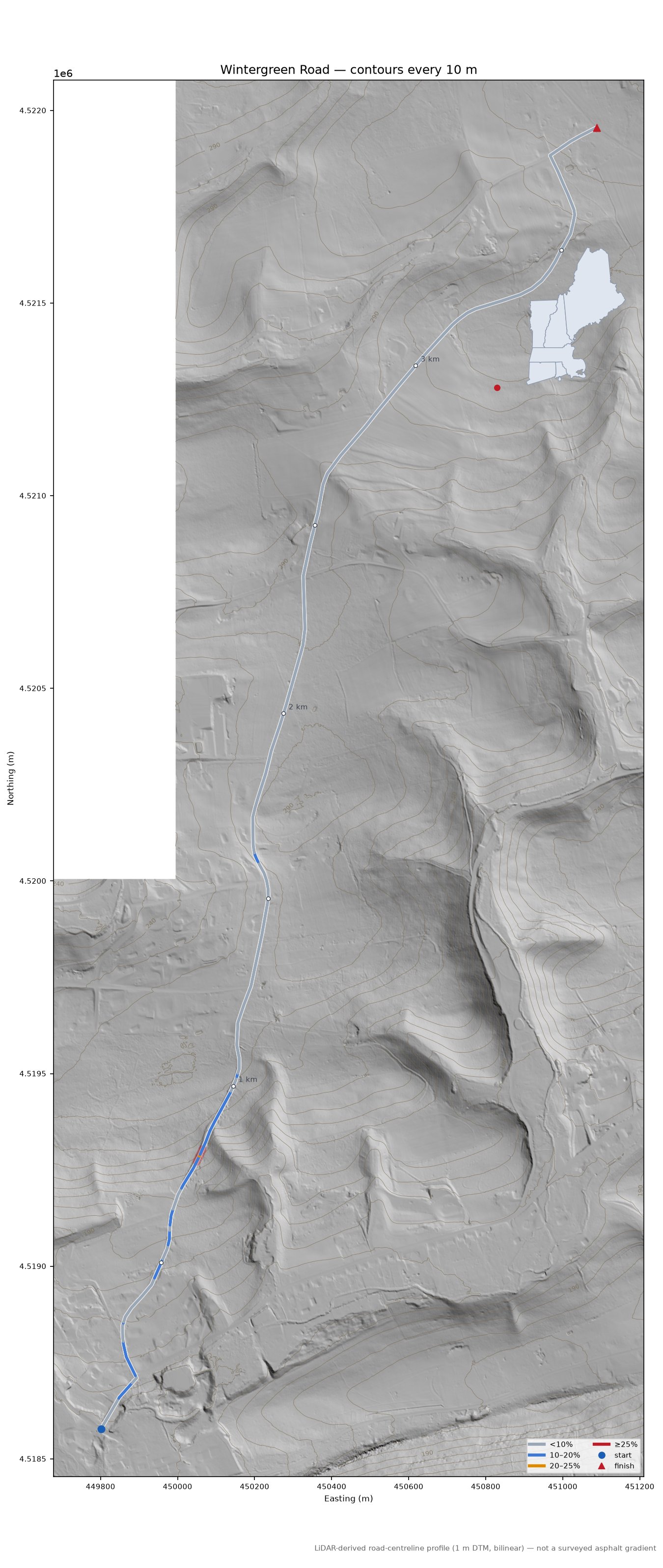 Wintergreen Road LiDAR hillshade map with contours