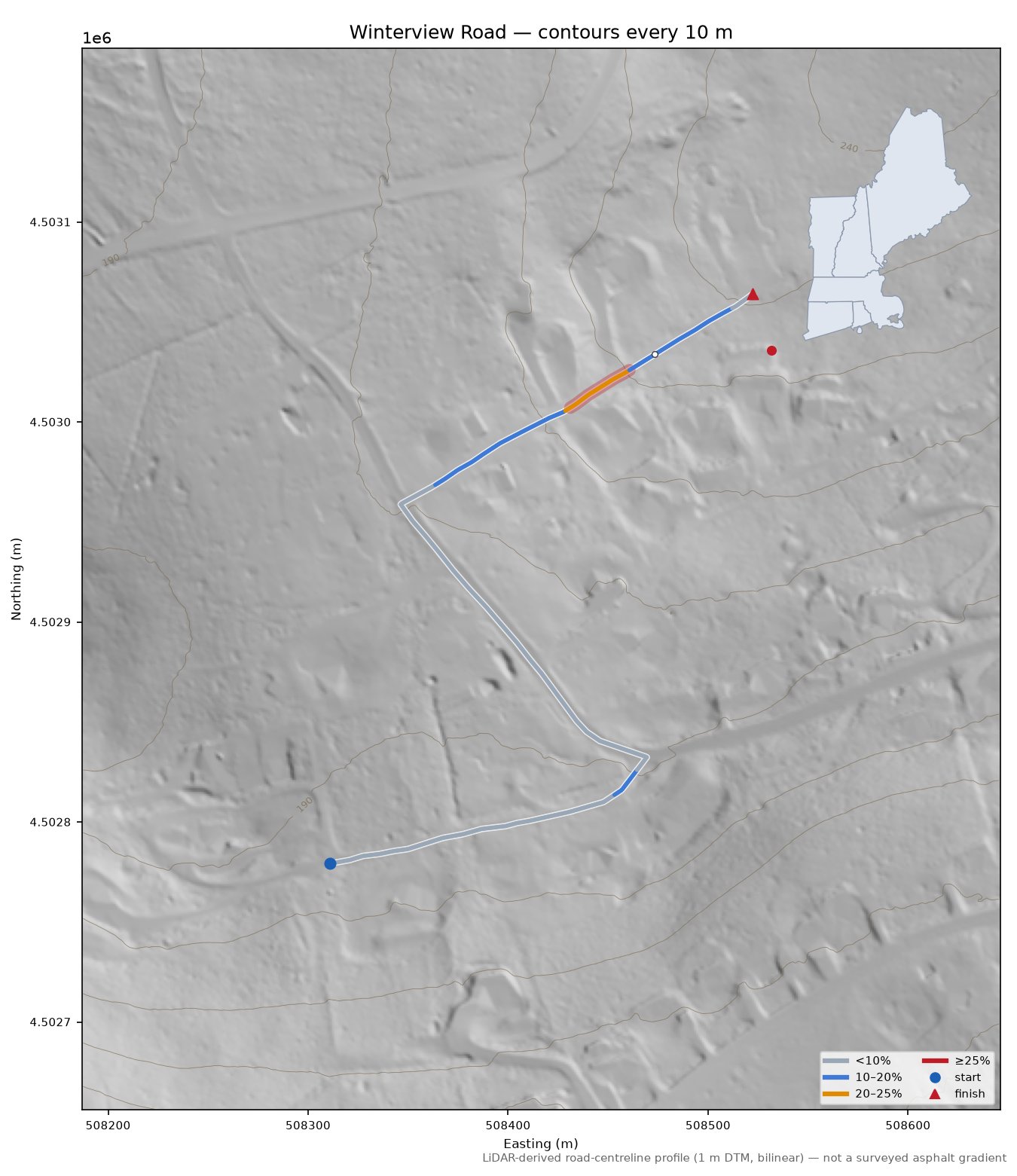 Winterview Road LiDAR hillshade map with contours