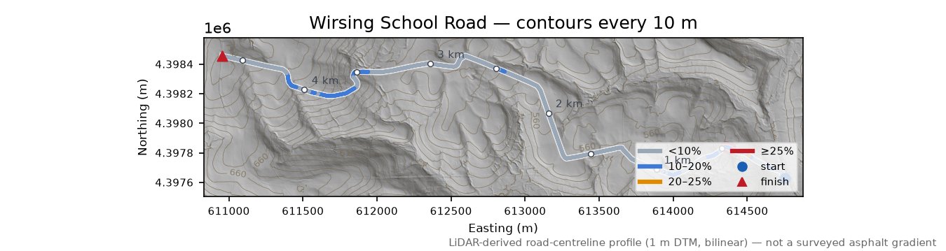 Wirsing School Road LiDAR hillshade map with contours