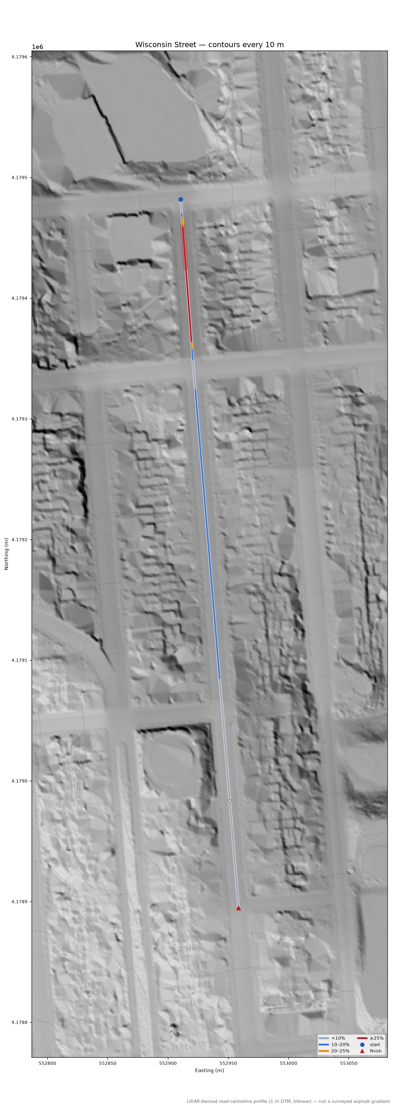 Wisconsin Street LiDAR hillshade map with contours