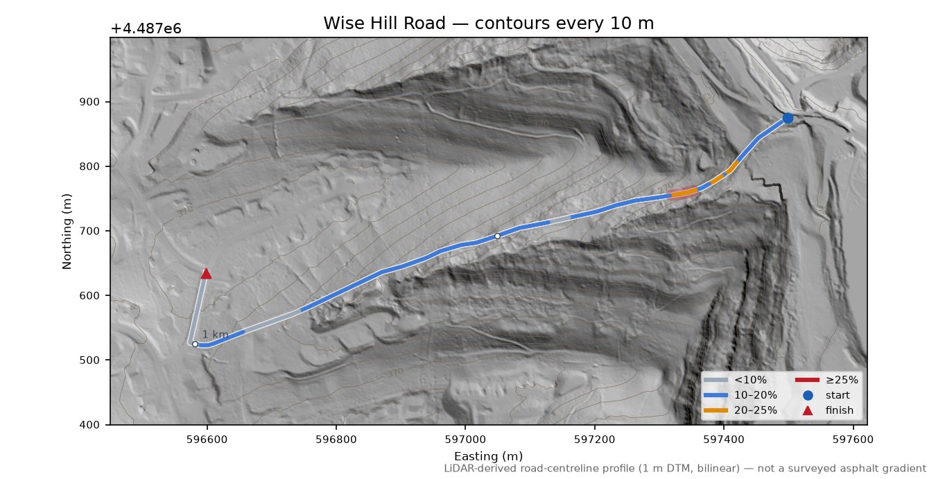 Wise Hill Road LiDAR hillshade map with contours