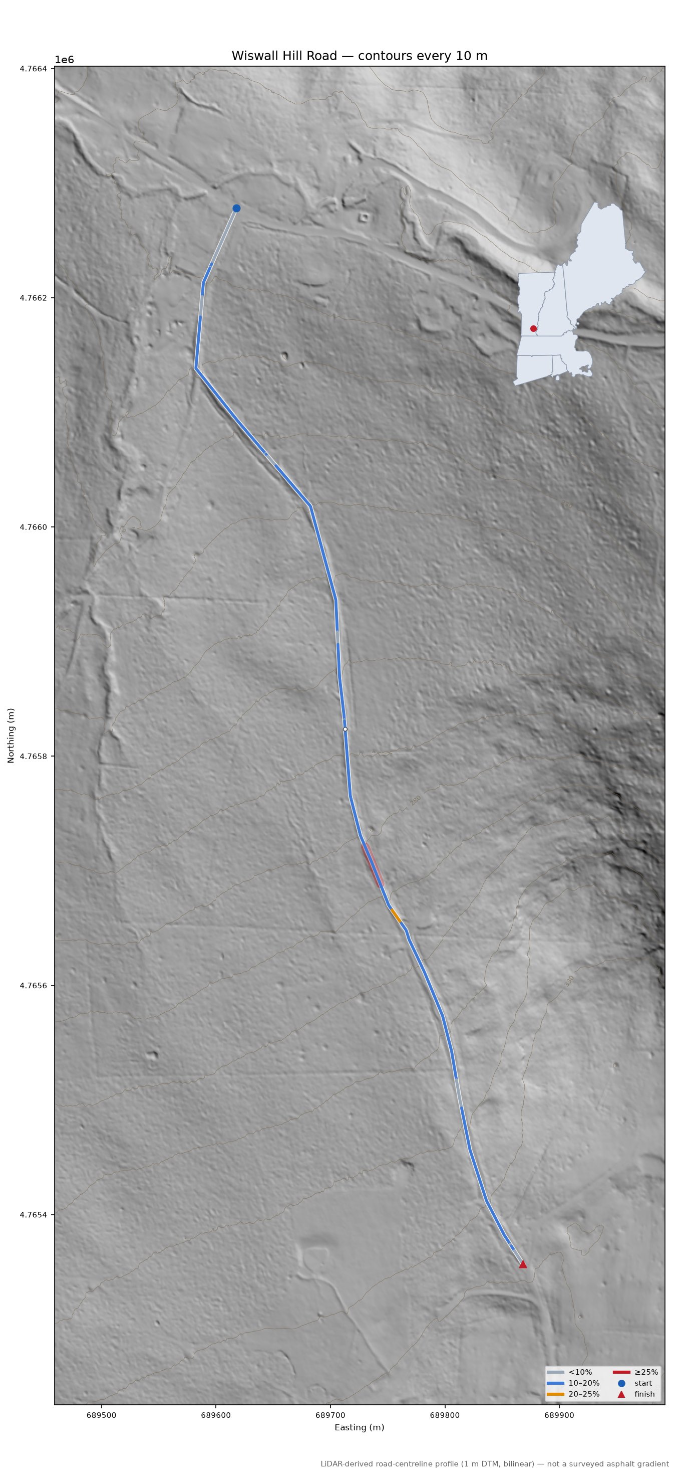 Wiswall Hill Road LiDAR hillshade map with contours