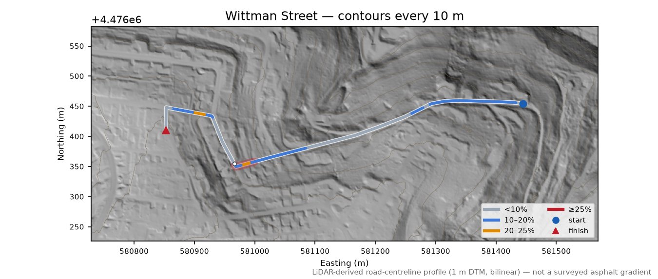 Wittman Street LiDAR hillshade map with contours