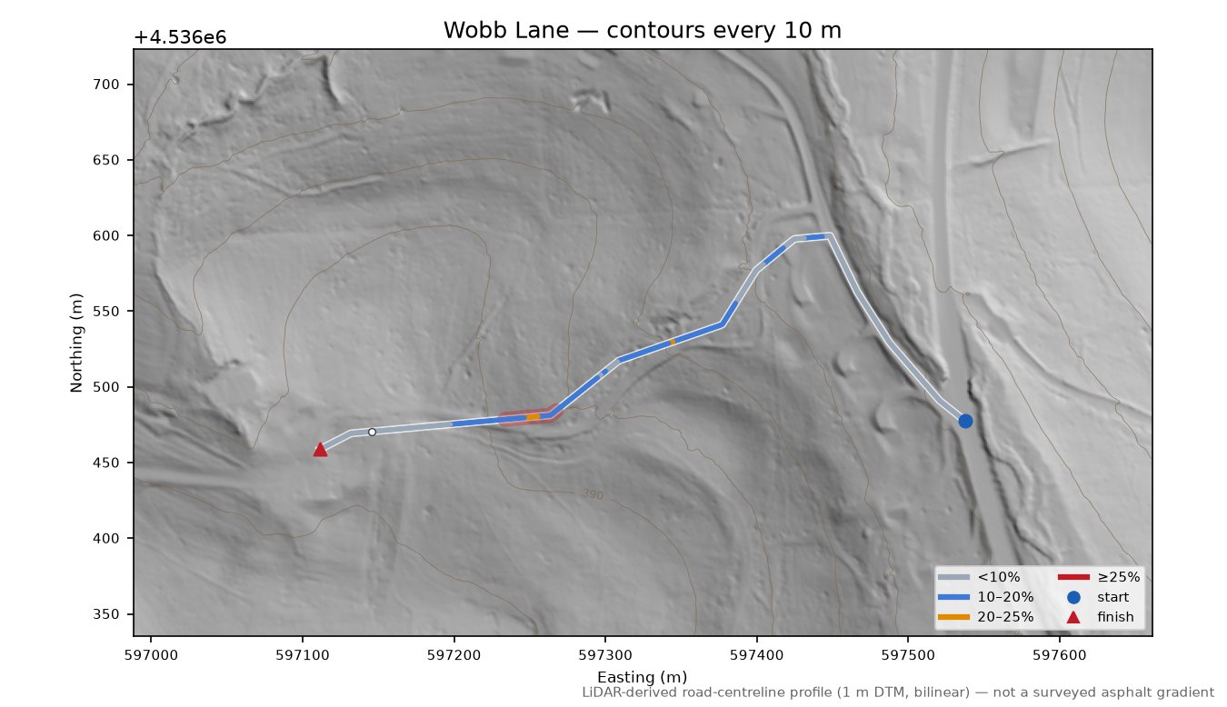 Wobb Lane LiDAR hillshade map with contours
