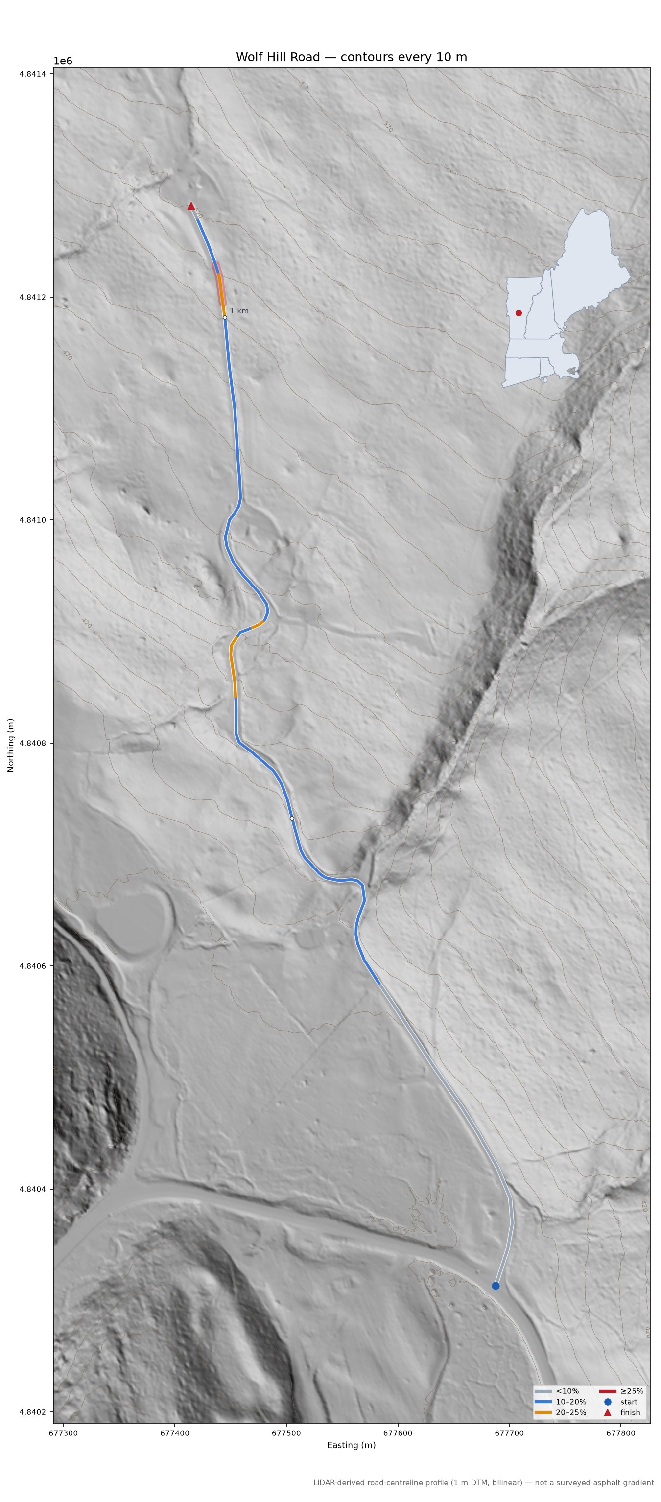 Wolf Hill Road LiDAR hillshade map with contours